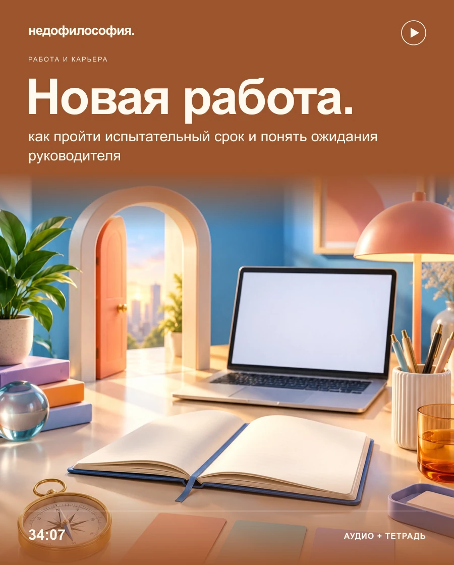 Обложка аудиокурса «Новая работа: как пройти испытательный срок и понять ожидания руководителя» от Недофилософии.