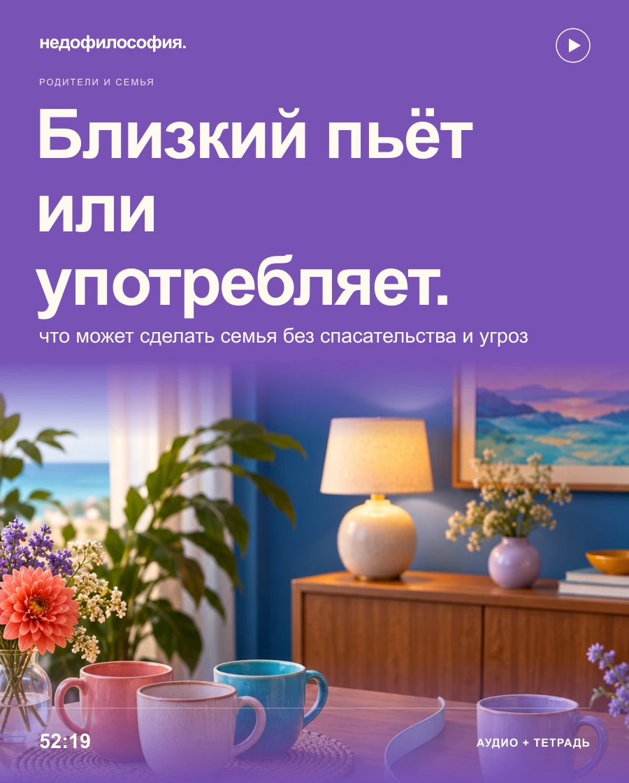 Обложка аудиокурса «Близкий пьёт или употребляет: что может сделать семья» от Недофилософии.