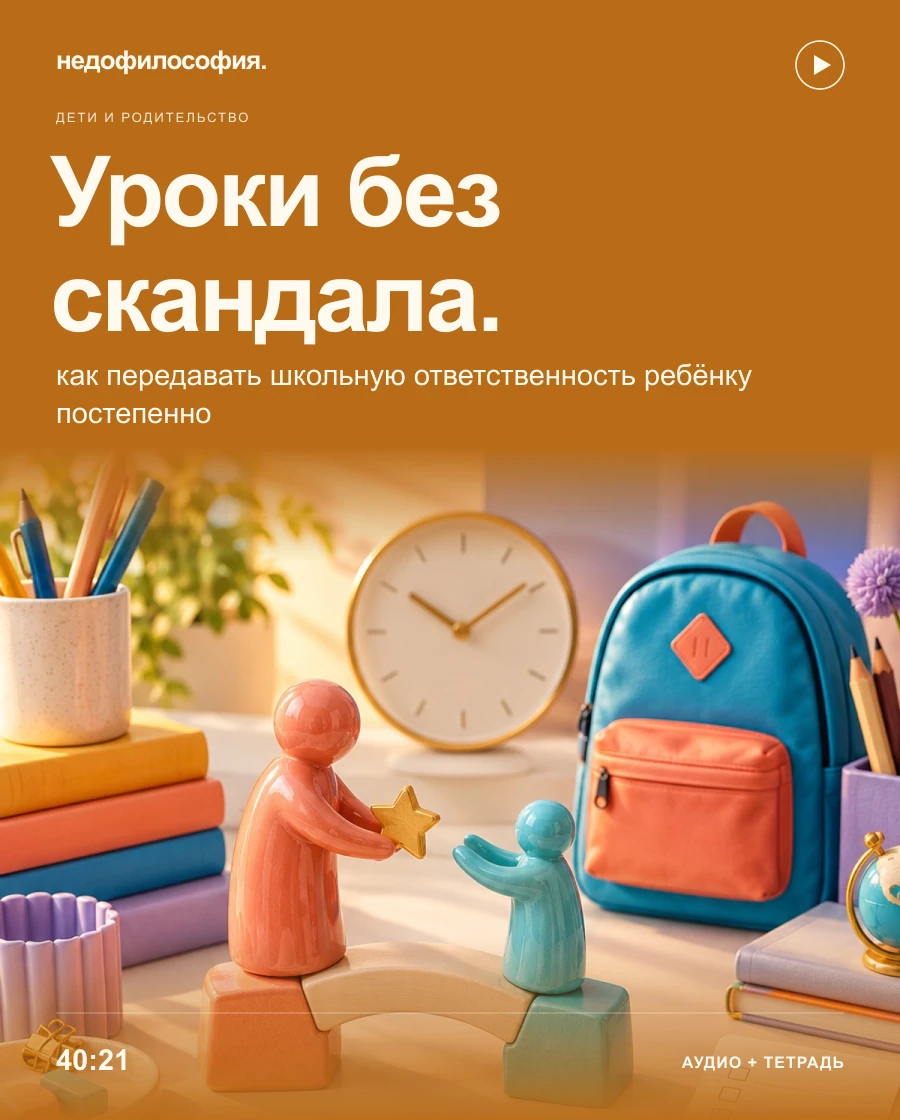 Обложка аудиокурса «Уроки каждый вечер со скандалом: как передавать школьную ответственность ребёнку» от Недофилософии.
