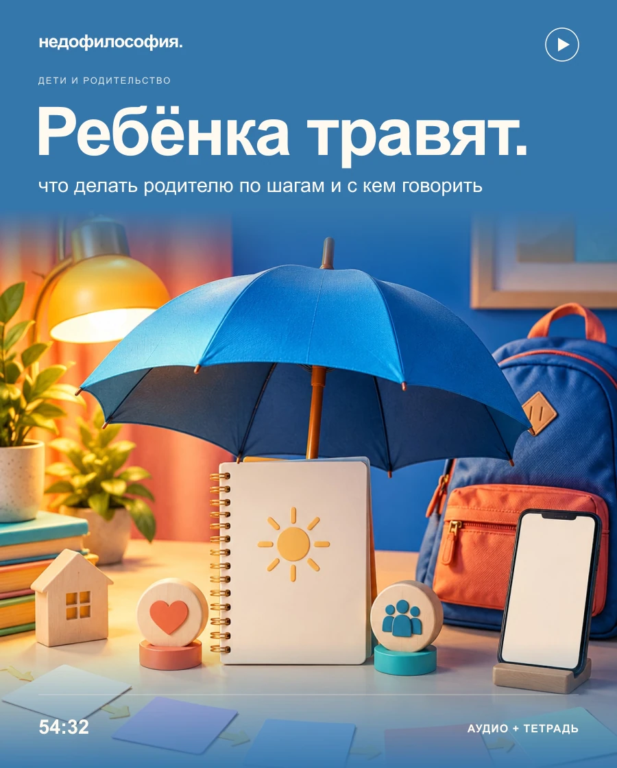 Обложка аудиокурса «Ребёнка травят: что делать родителю по шагам» от Недофилософии.