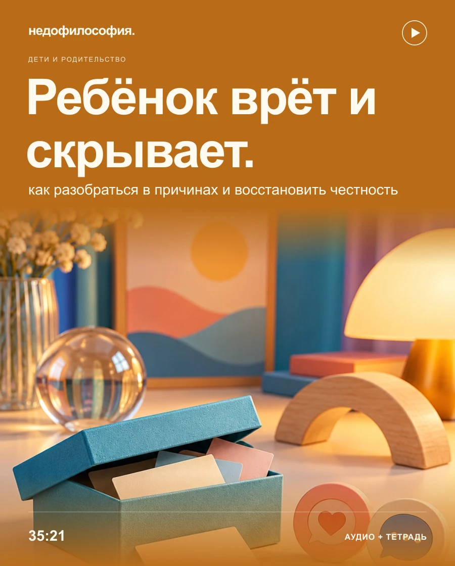 Обложка аудиокурса «Ребёнок врёт и скрывает: как разобраться в причинах и восстановить честность» от Недофилософии.