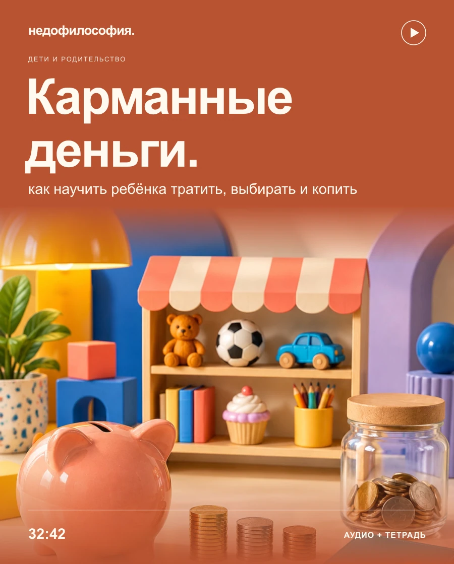 Обложка аудиокурса «Карманные деньги: как научить ребёнка тратить, выбирать и копить» от Недофилософии.