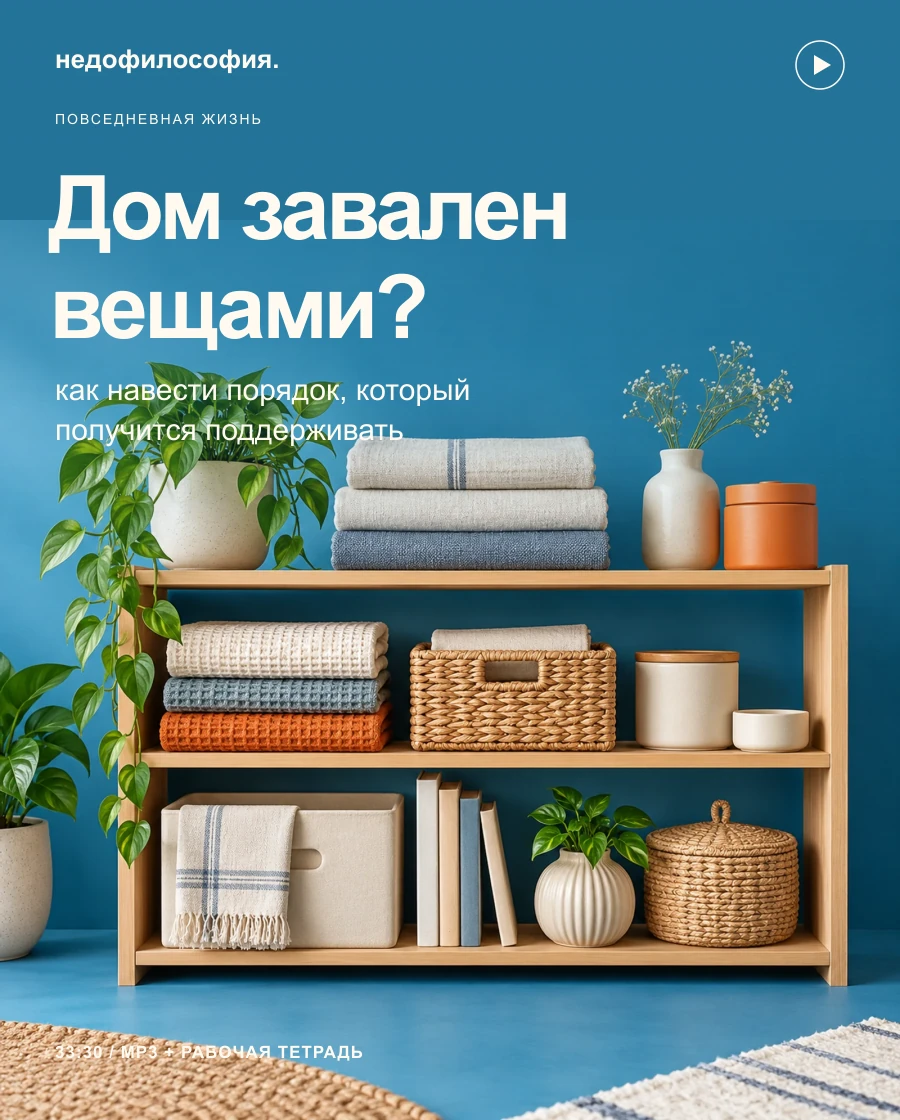 Дом завален вещами: аккуратная полка с тканью, керамикой и корзиной на голубой обложке.