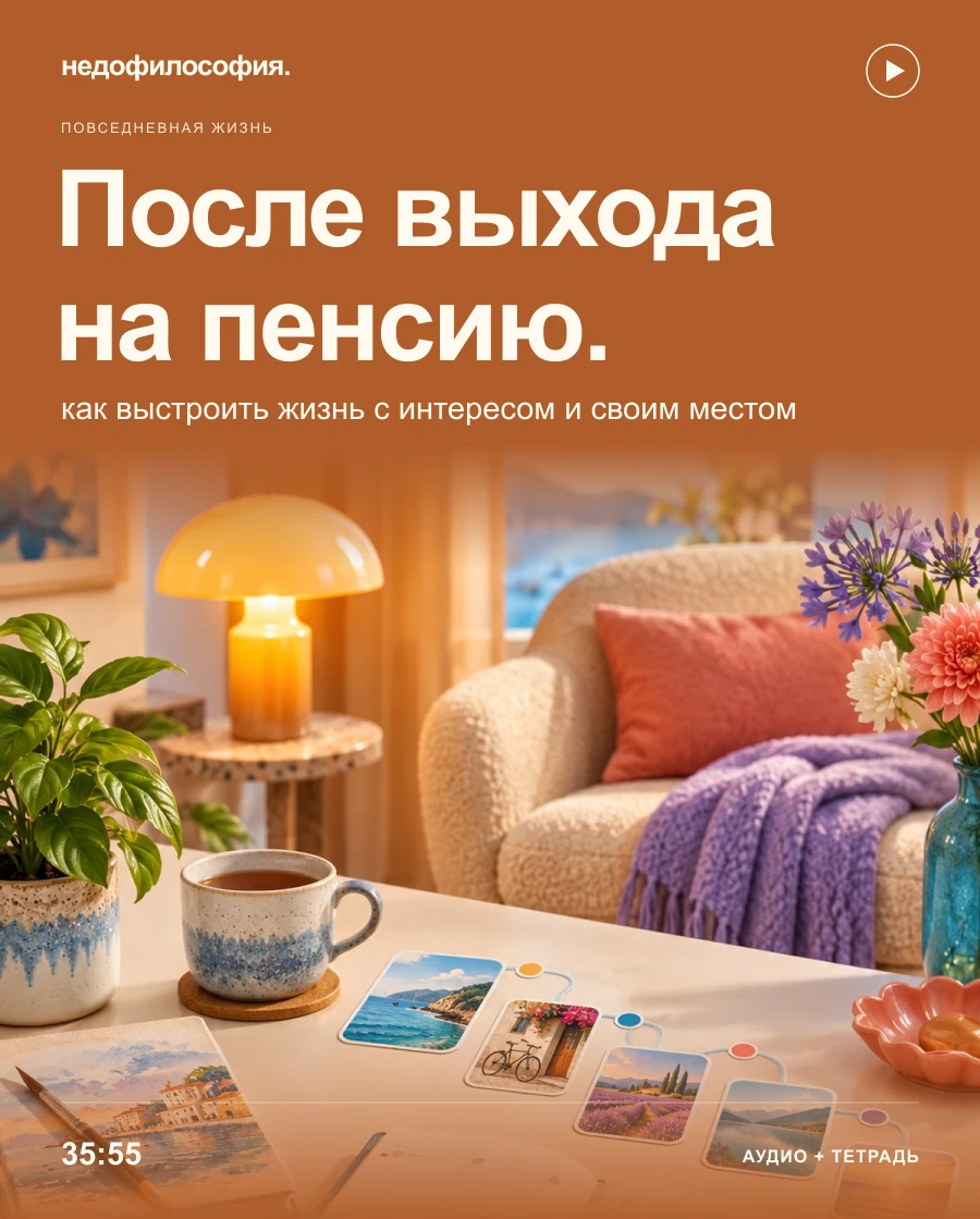 Обложка аудиокурса «После выхода на пенсию: как выстроить жизнь, в которой есть интерес и своё место» от Недофилософии.