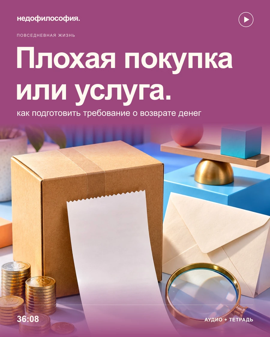 Обложка аудиокурса «Плохая покупка или услуга: как подготовить требование о возврате денег» от Недофилософии.