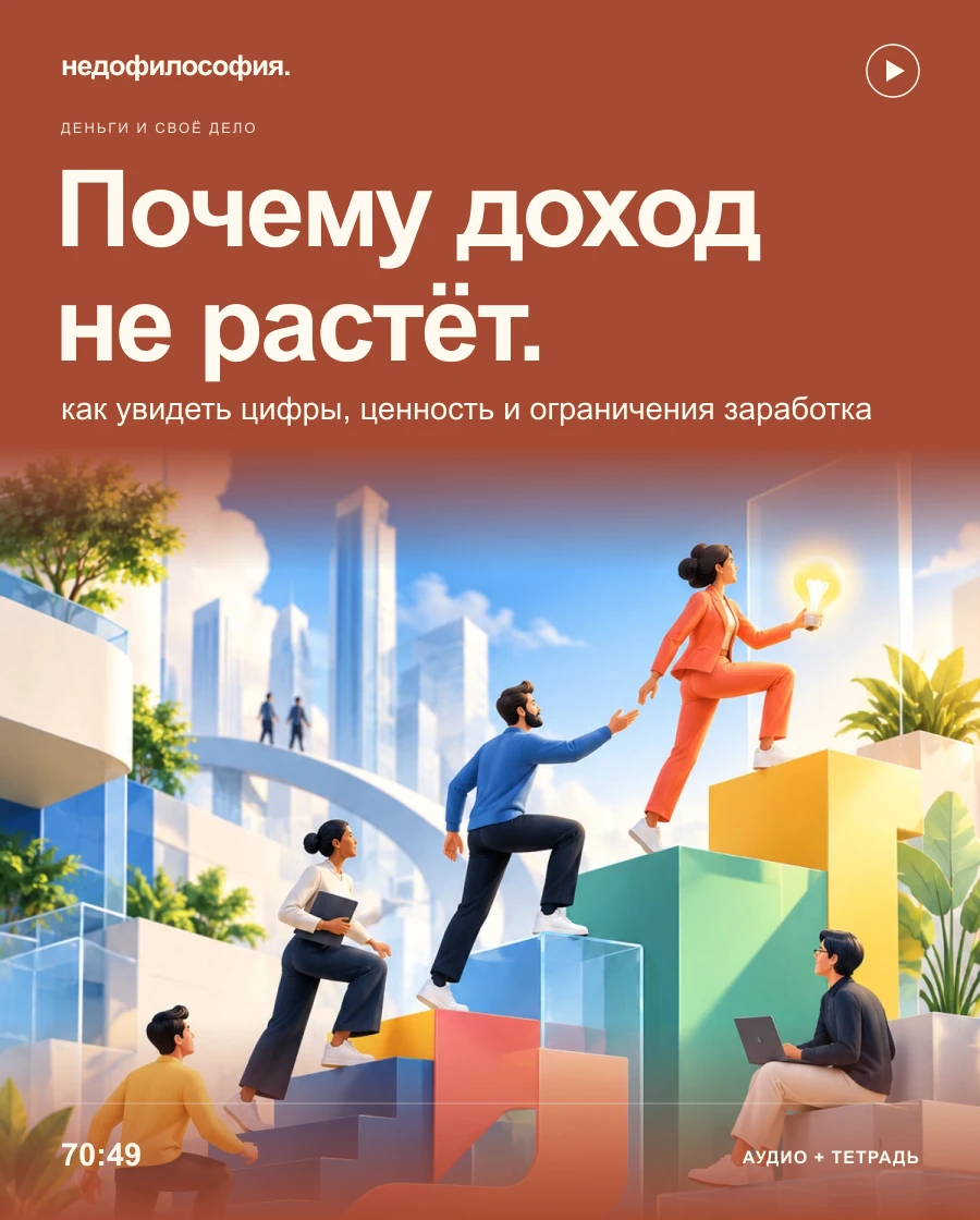 Обложка аудиокурса «Почему не получается больше зарабатывать» от Недофилософии.