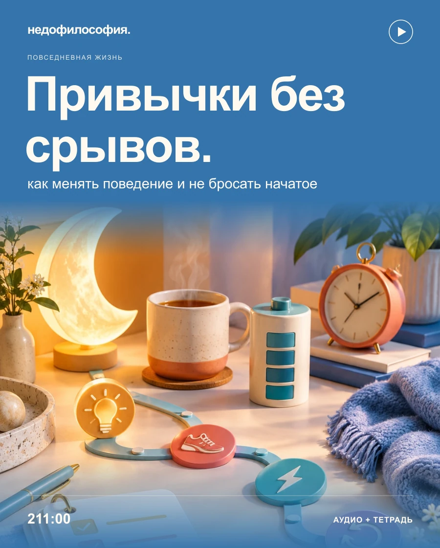 Обложка аудиокурса «Как менять привычки и не бросать начатое» от Недофилософии.
