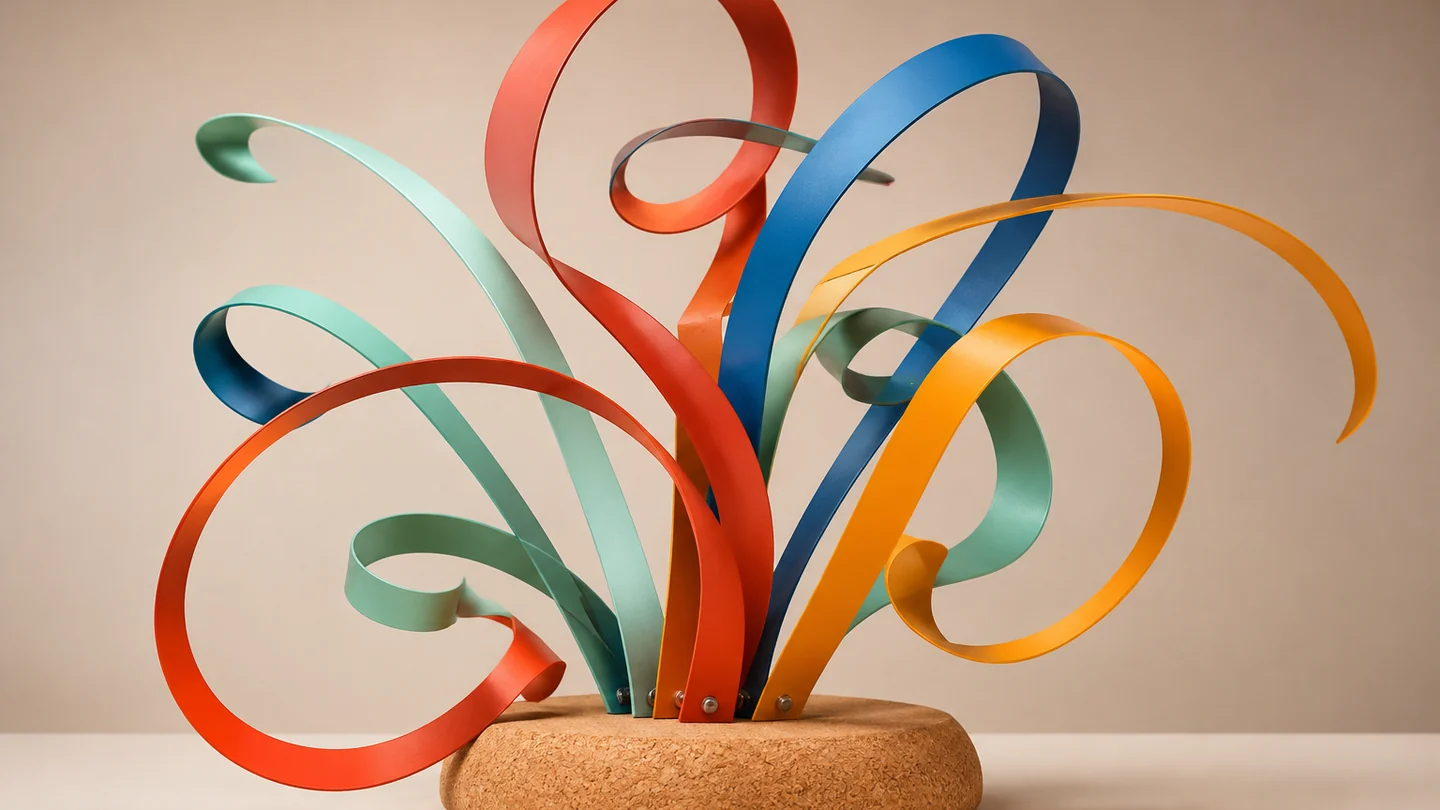 Яркие пружинящие металлические ленты напряжены над мягким пробковым основанием