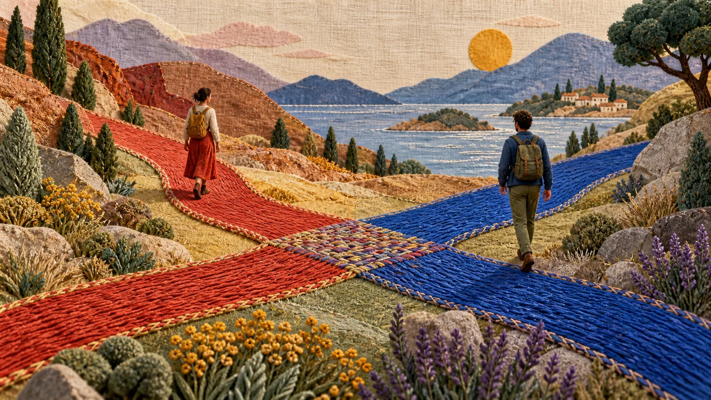 Редакционная текстильная вышивка с разноцветными дорожками, парой и стежками: кадр 1, связанный с темой «Линия любви в матрице судьбы: что там читают и что с этим делать»