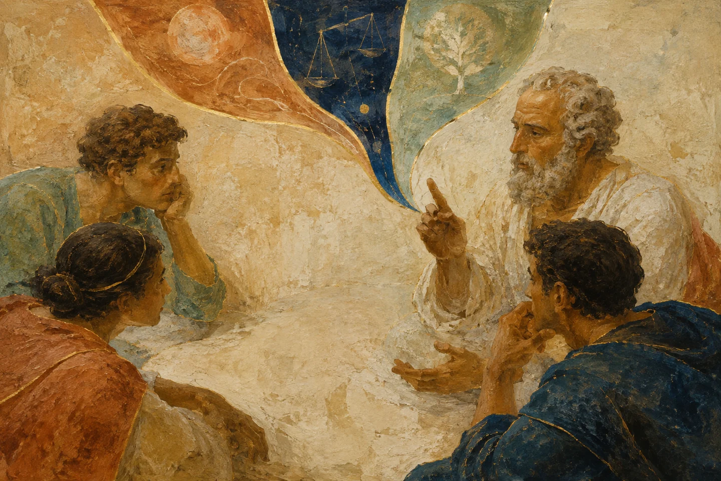 Три собеседника слушают центральный вопрос в круге