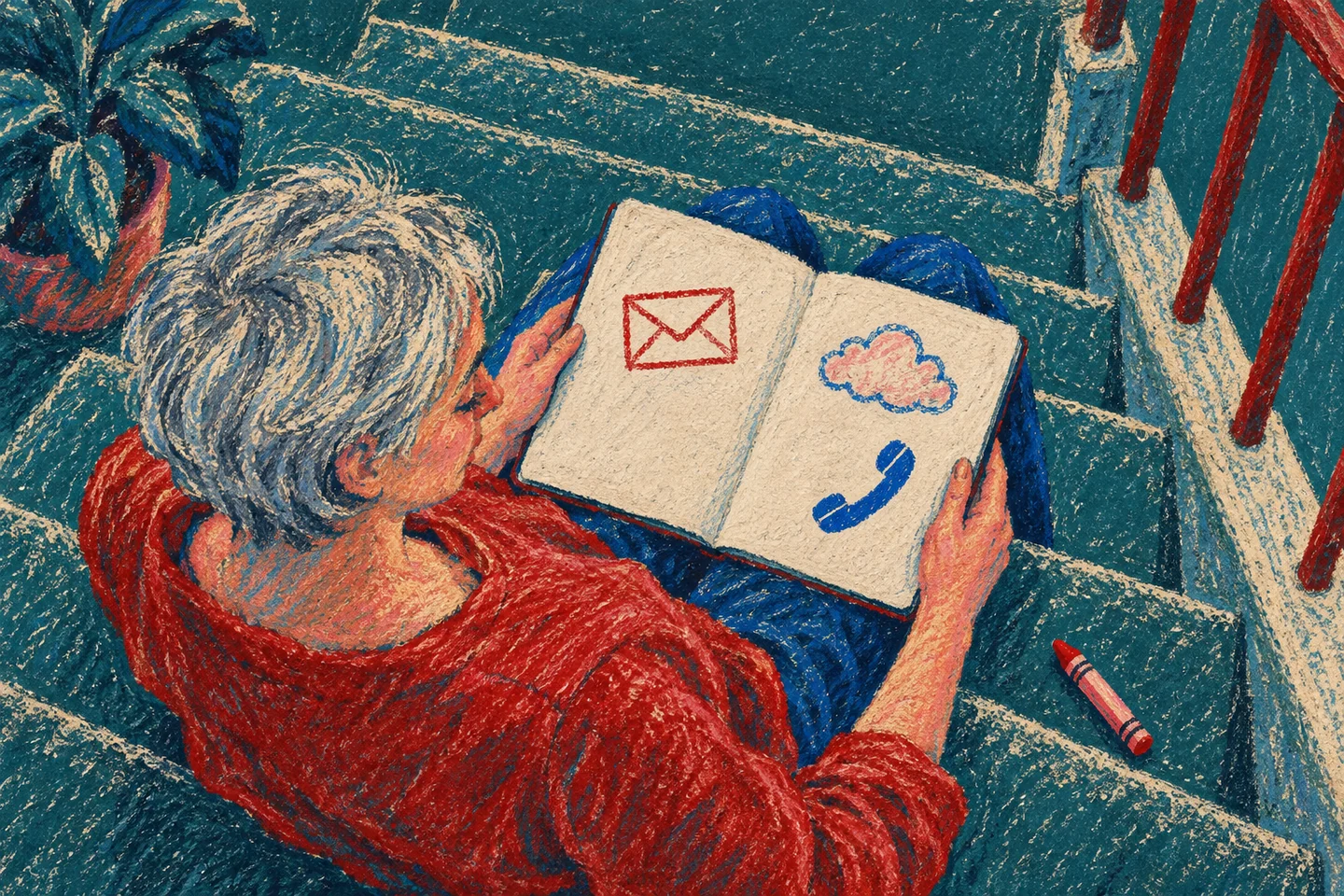 Человек в красной рубашке сидит на широкой ступени с блокнотом на коленях; на листе три простых рисунка — конверт, облако и телефон