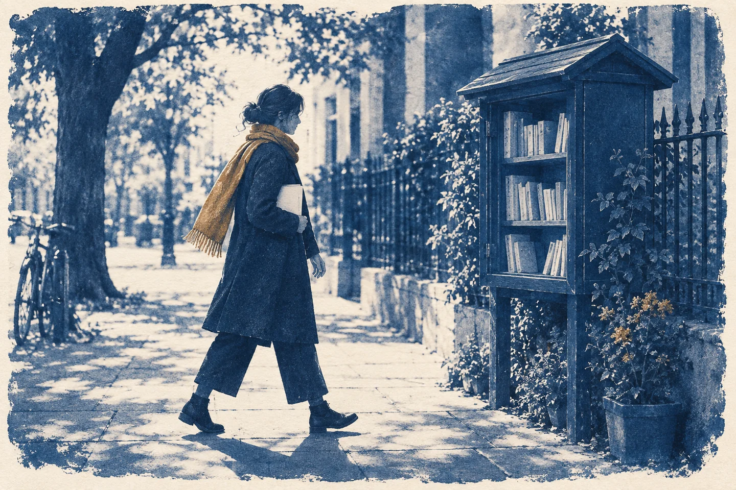 Человек в охристом шарфе идёт по городской дорожке к книжному шкафу с одной книгой под рукой; на полках уже лежат другие книги