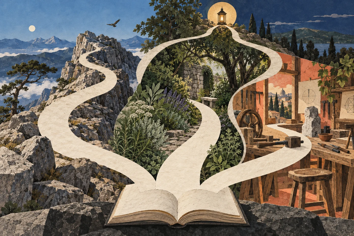 Три бумажных маршрута выходят из одной книги, проходят через разные ландшафты и сходятся у фонаря