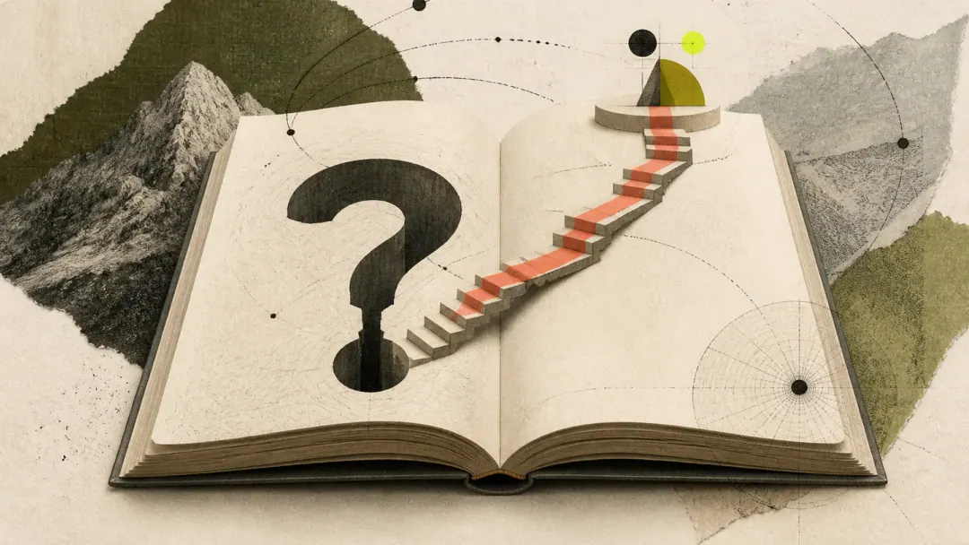 Бумажный коллаж с открытой книгой, лестницами и орбитами философских идей