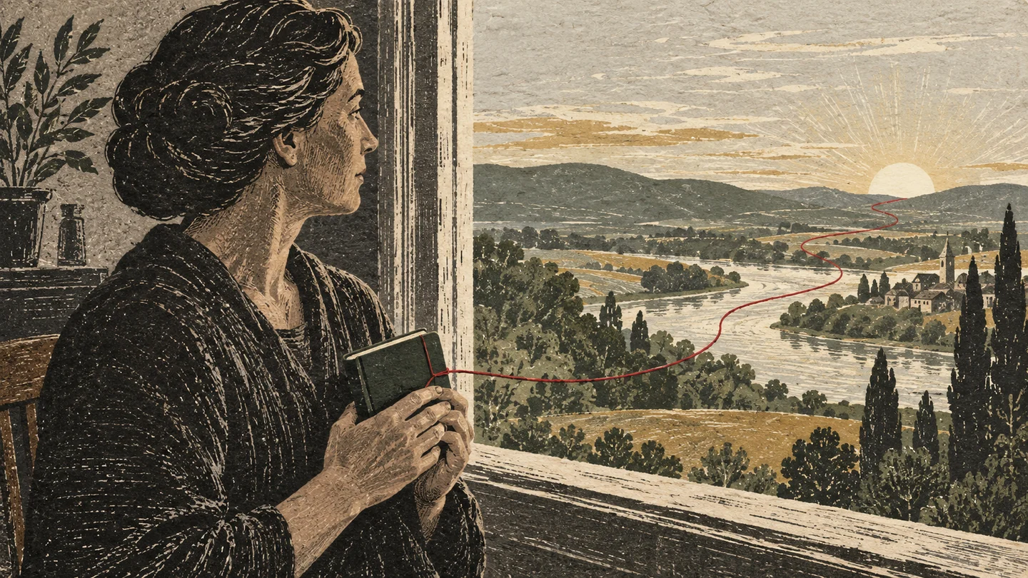 Человек держит маленькую тетрадь у окна; тонкая красная нить проходит через мшистый пейзаж к свету