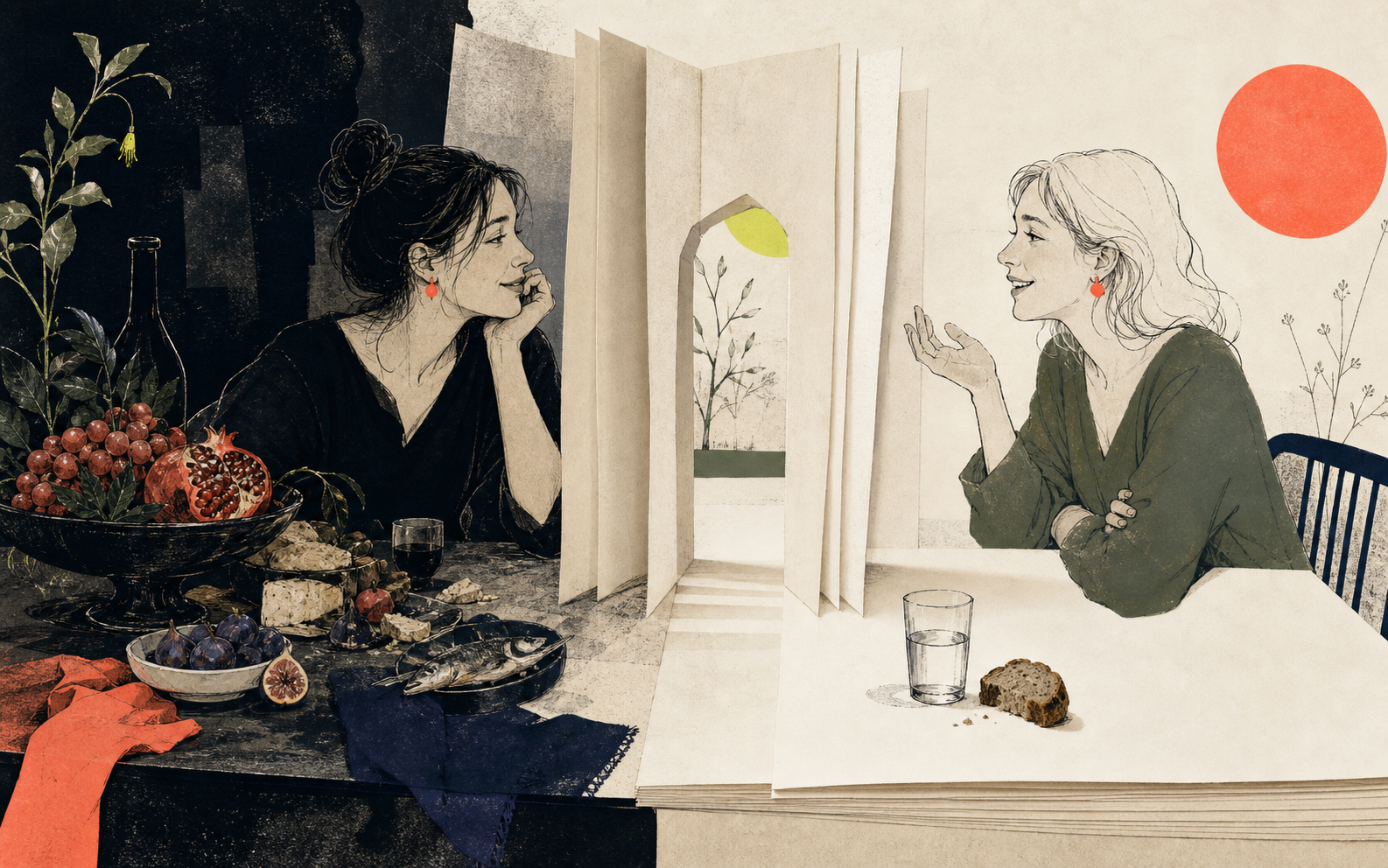 Коллаж в виде раскрытой книги: две женщины беседуют за столом, между изобилием и простым хлебом открывается бумажная дверь